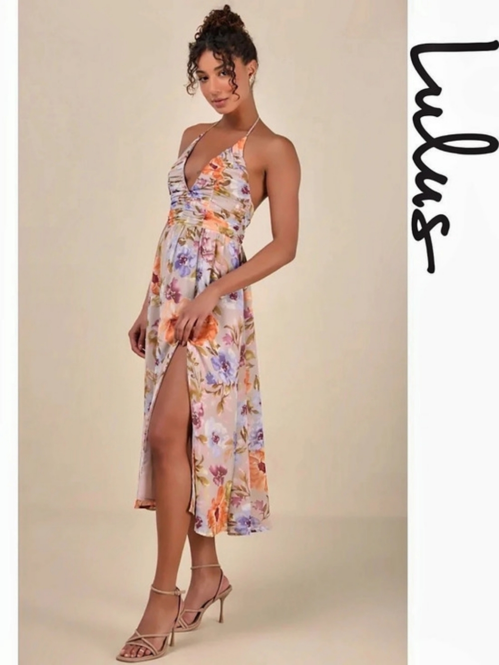 Lulus Danelle Taupe Floral Halter A-Line Midi Dress Pink & Purple